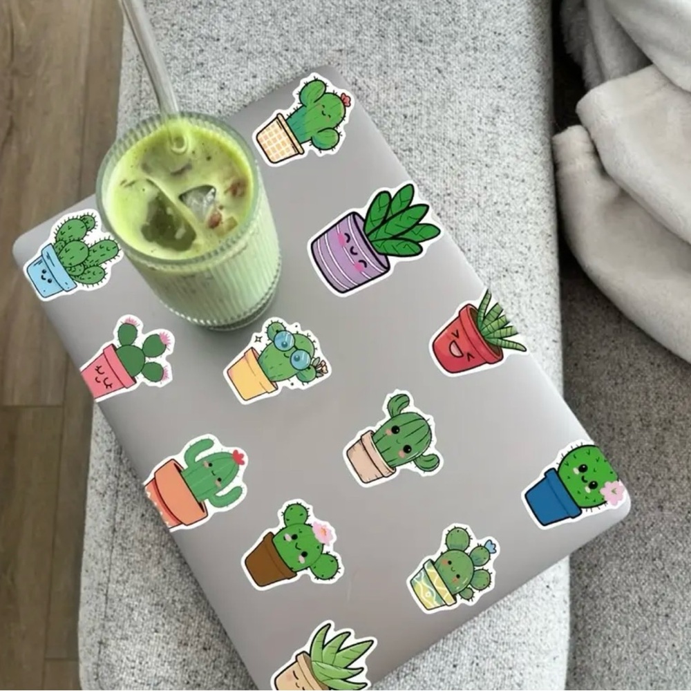 50 Cute Cactus Stickers Iridescent Sparkle Green Plants - Picture 9 of 9